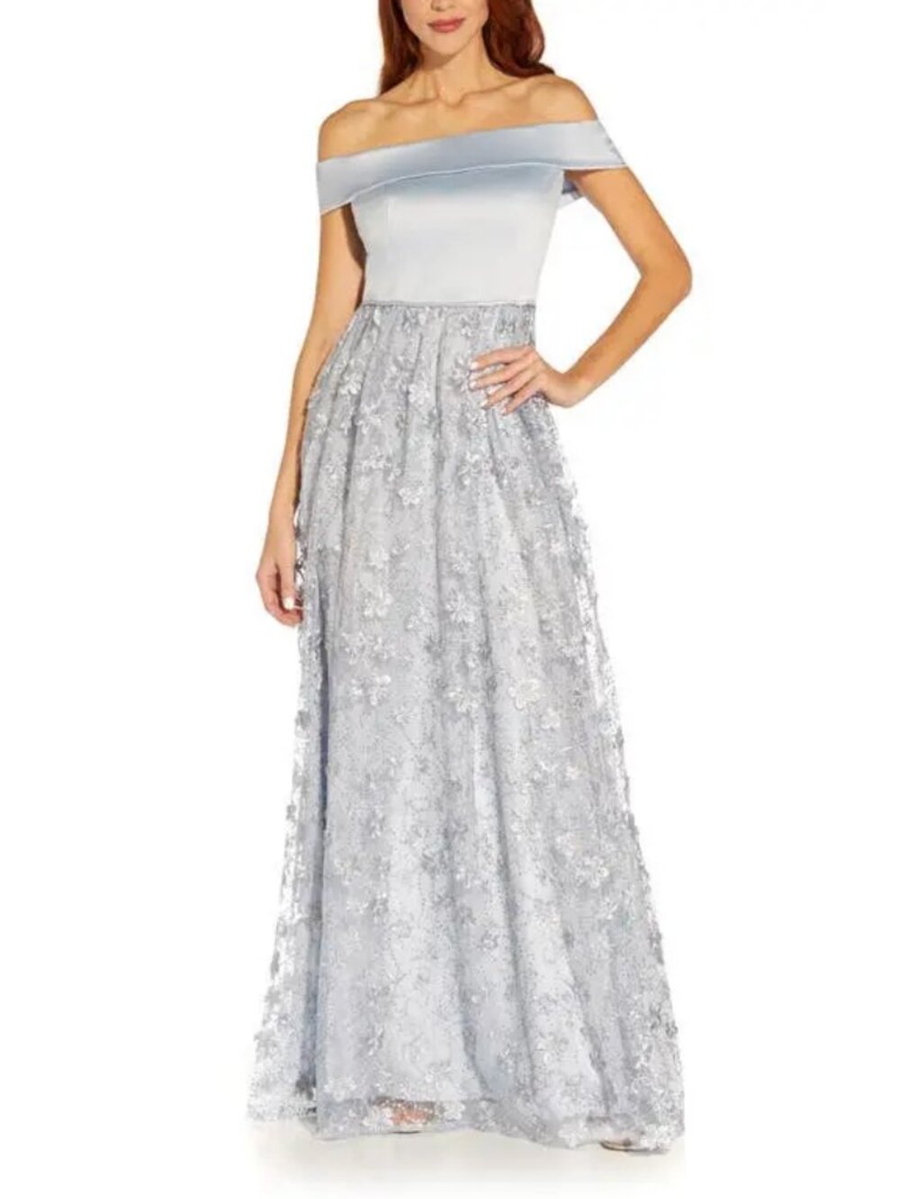 Embroidered Floral Opal Off the Shoulder Gown